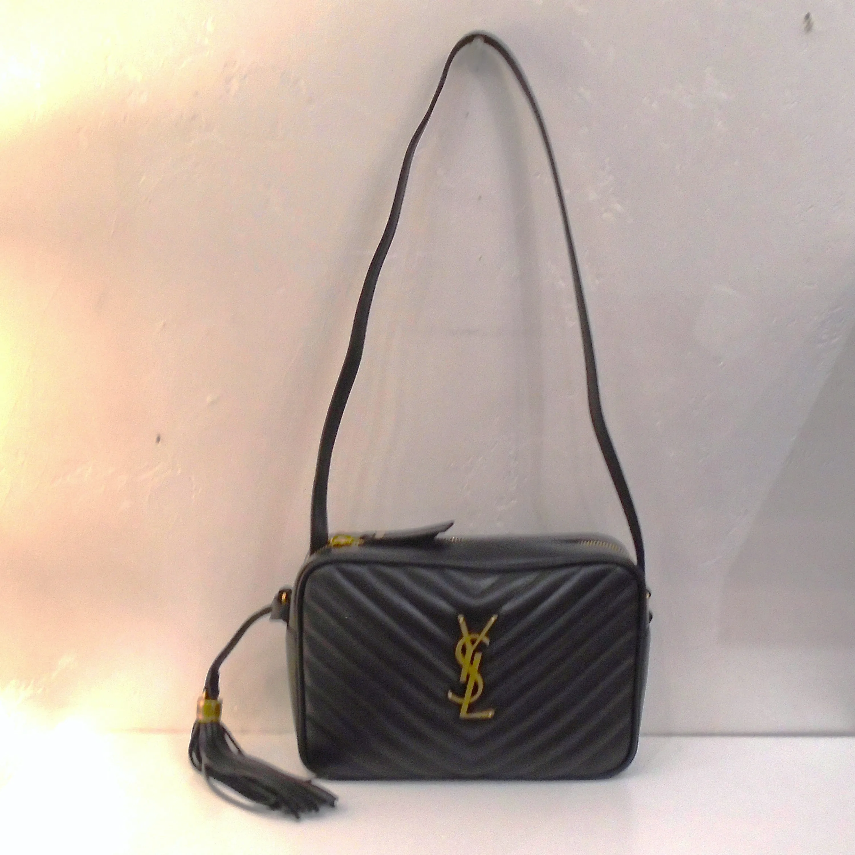 YSL Black Lou Medium Crossbody Chevron Camera Bag